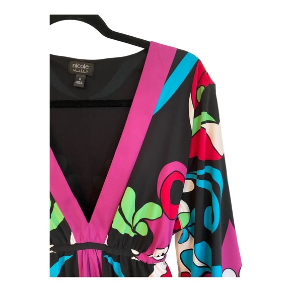 Nicole by Nicole Miller Retro Groovy Colorful V-Neck Bell Sleeve Dress Size 16 - Picture 7 of 14